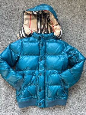 Burberry Teal Quilted Kids Puffer Jacket with Hood